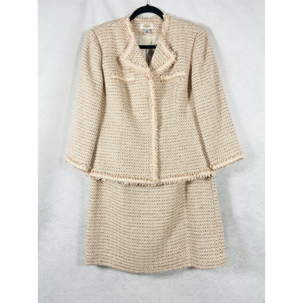 Vintage Talbots 2PC‎ Skirt Suit Women's 12 Pink Beige Blazer Buttons Tweed